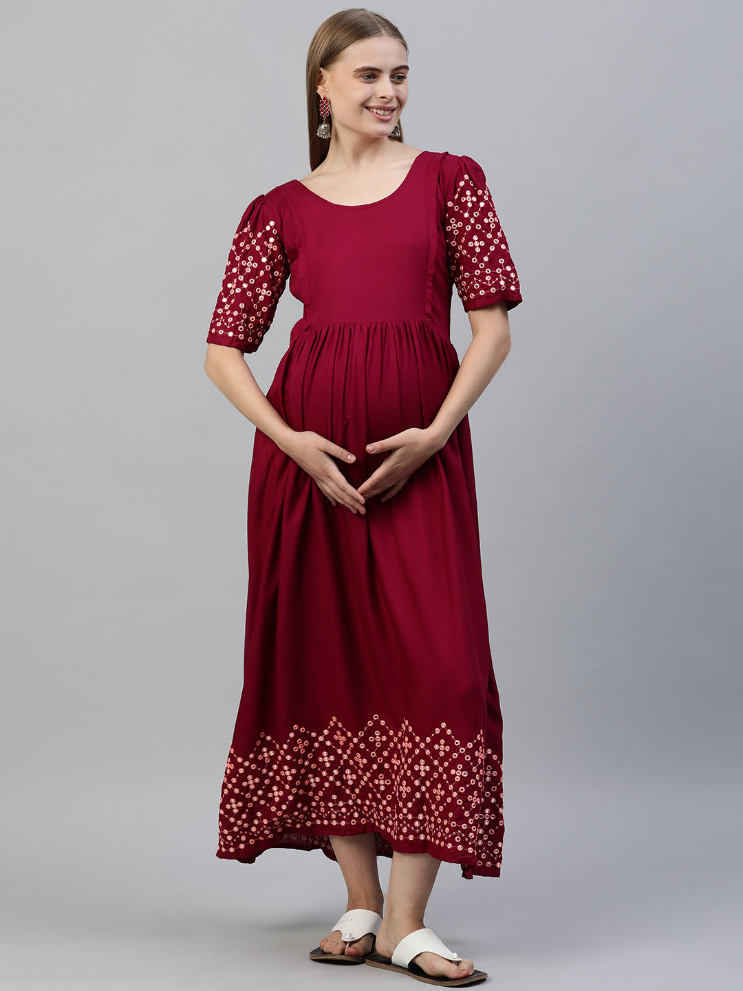 Wine Embroidered Maternity Fit & Flare Maxi Dress