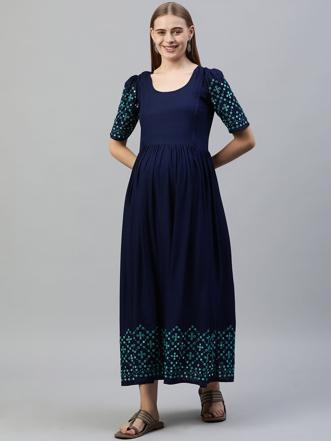 Ethnic Motifs Embroidered Maternity Fit and flared  Maxi Dress