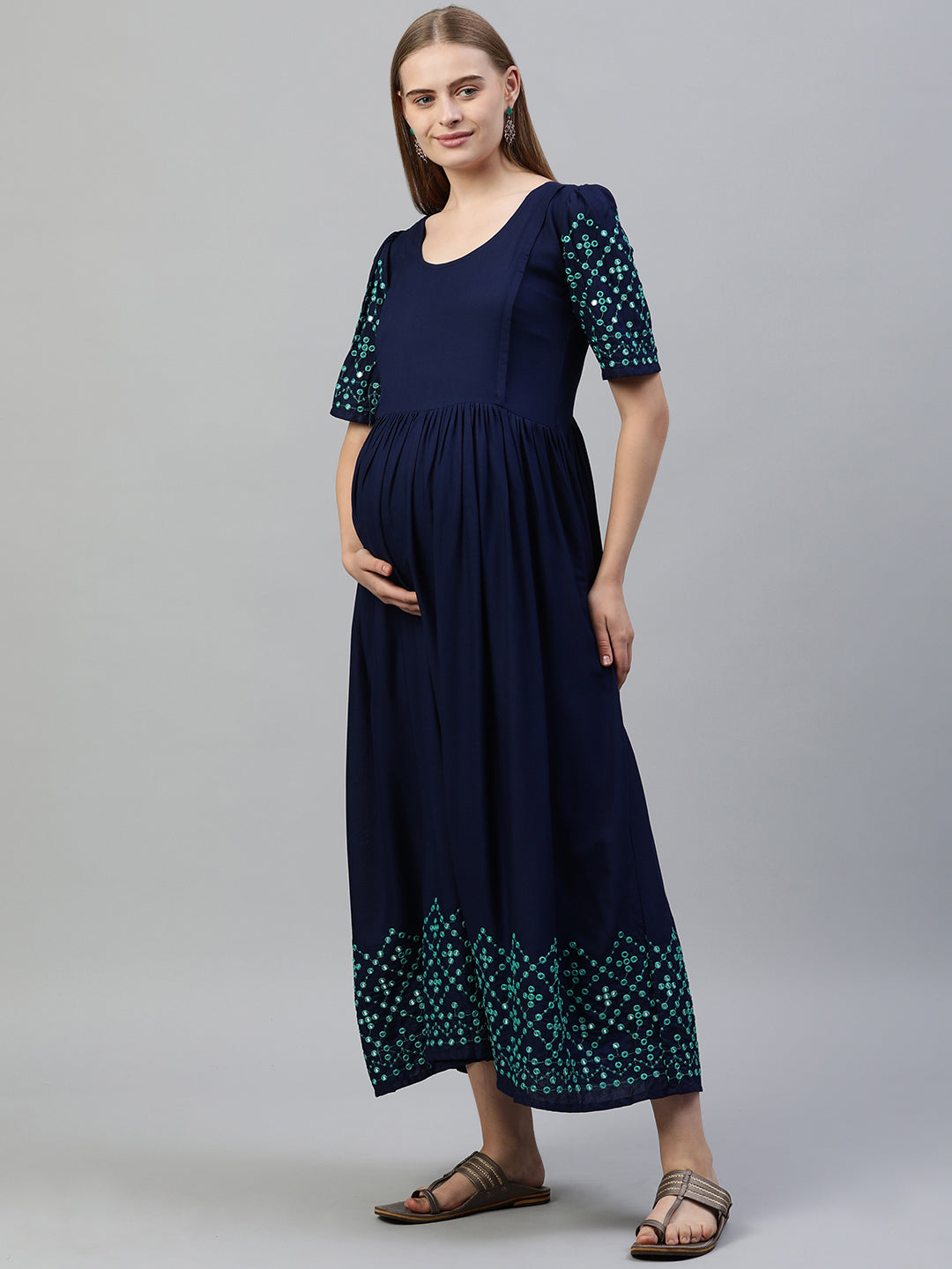 Ethnic Motifs Embroidered Maternity Fit and flared  Maxi Dress