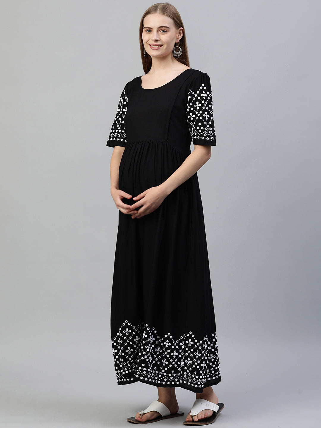Black Embroidered Maternity Fit & Flare Maxi Dress