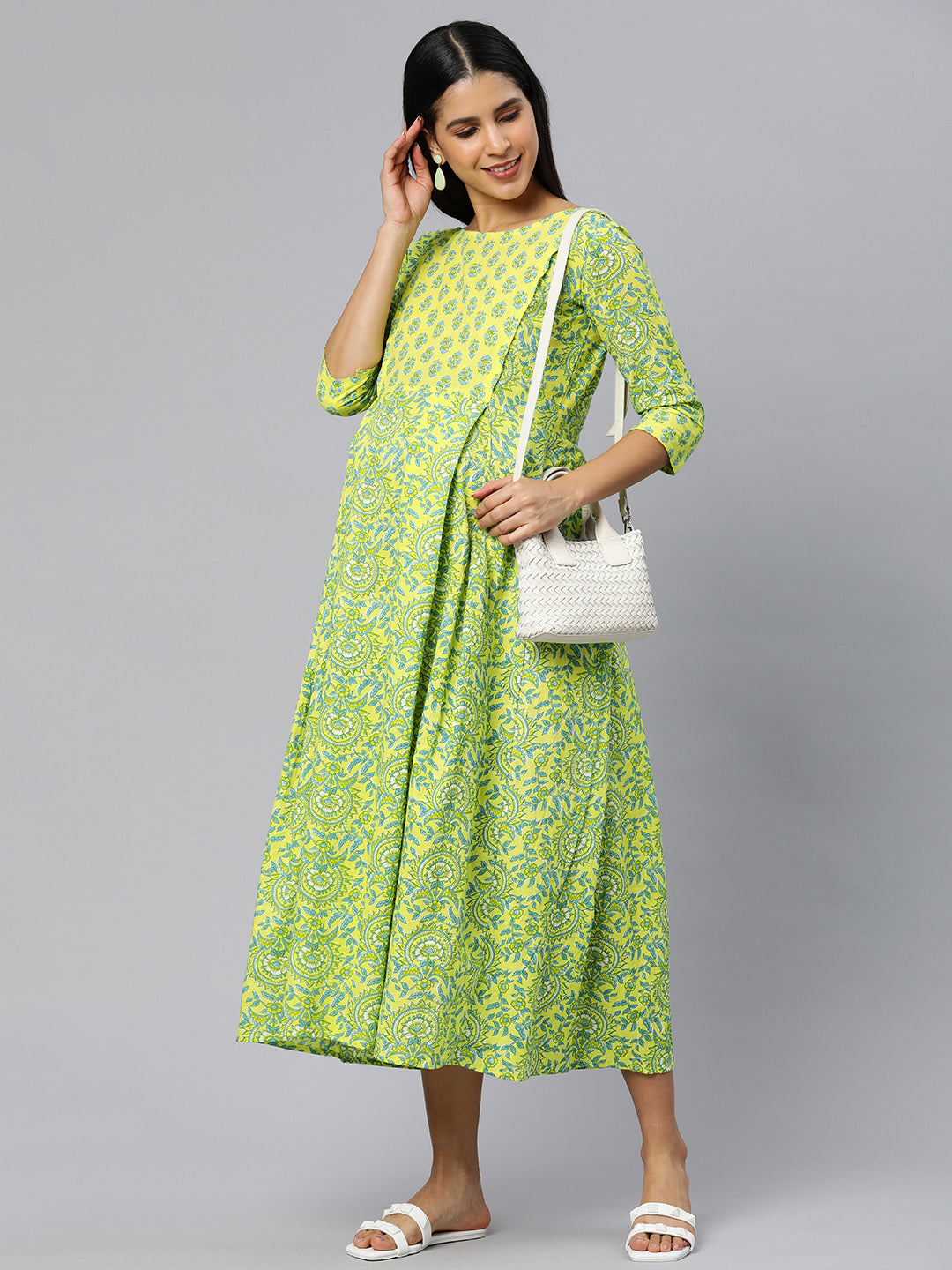 Yellow Floral Print Maternity Maxi  Ethnic Dress