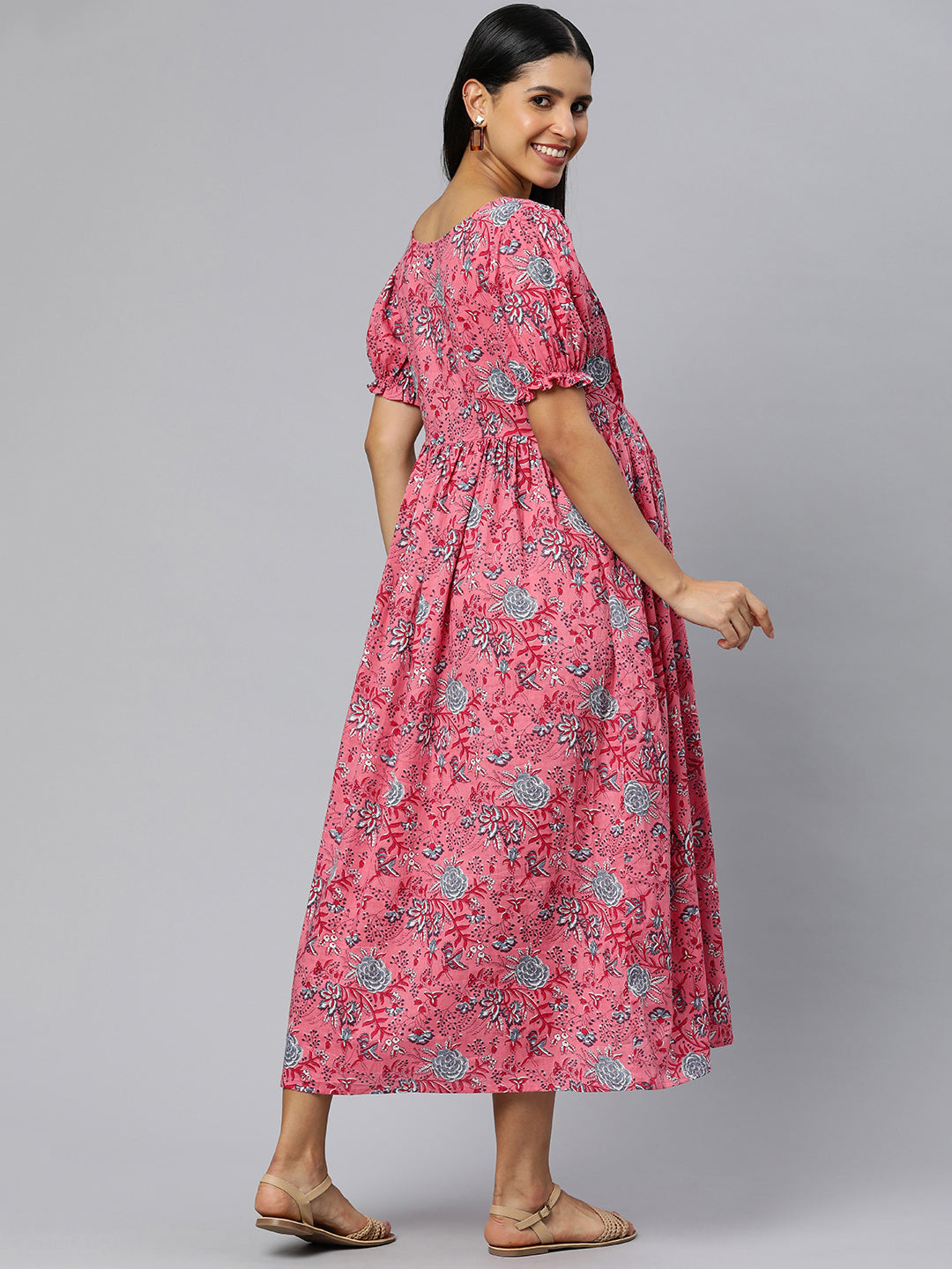 Peach Floral Print Puff Sleeve Maternity Fit & Flare Maxi Dress