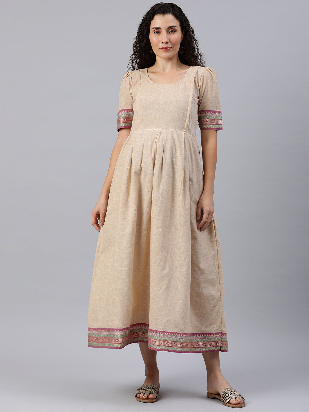 Beige Embroidered Maternity Maxi Dress