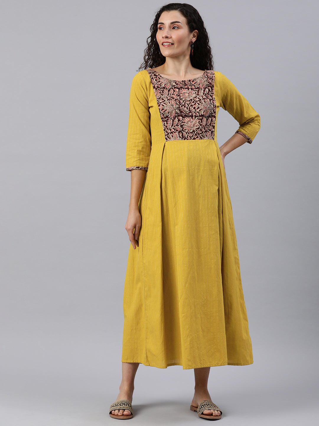 Yellow with Maroon Floral Yoke Printed Cotton Maternity Maxi Dress