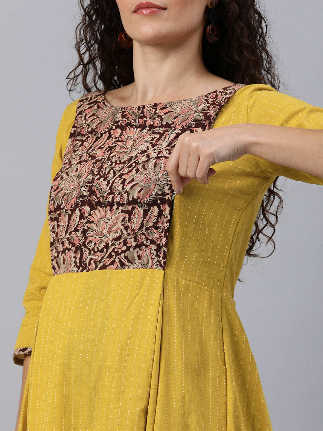 Yellow with Maroon Floral Yoke Printed Cotton Maternity Maxi Dress