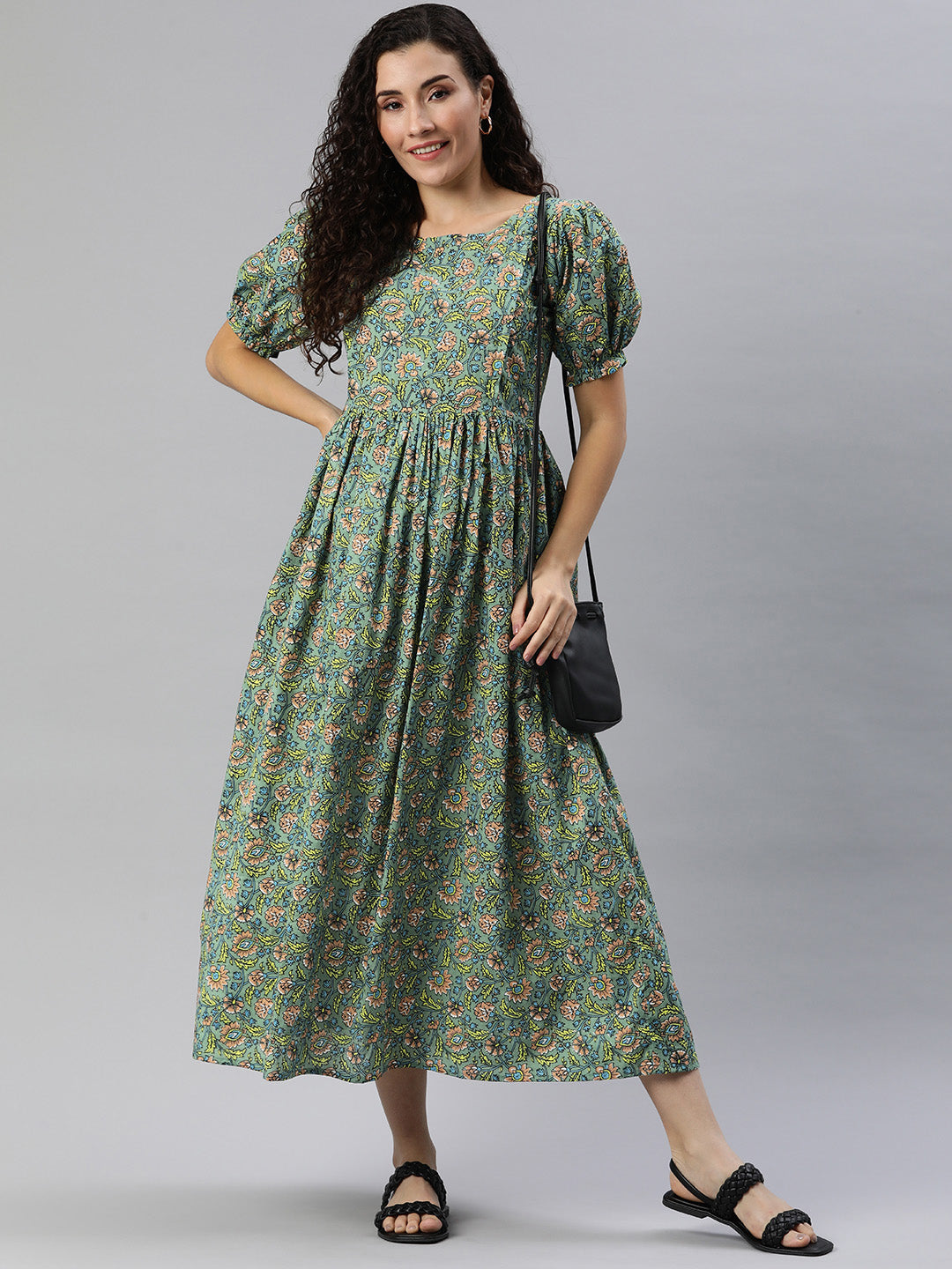Green Floral Print Puff Sleeves Maternity Fit & Flare Maxi Dress