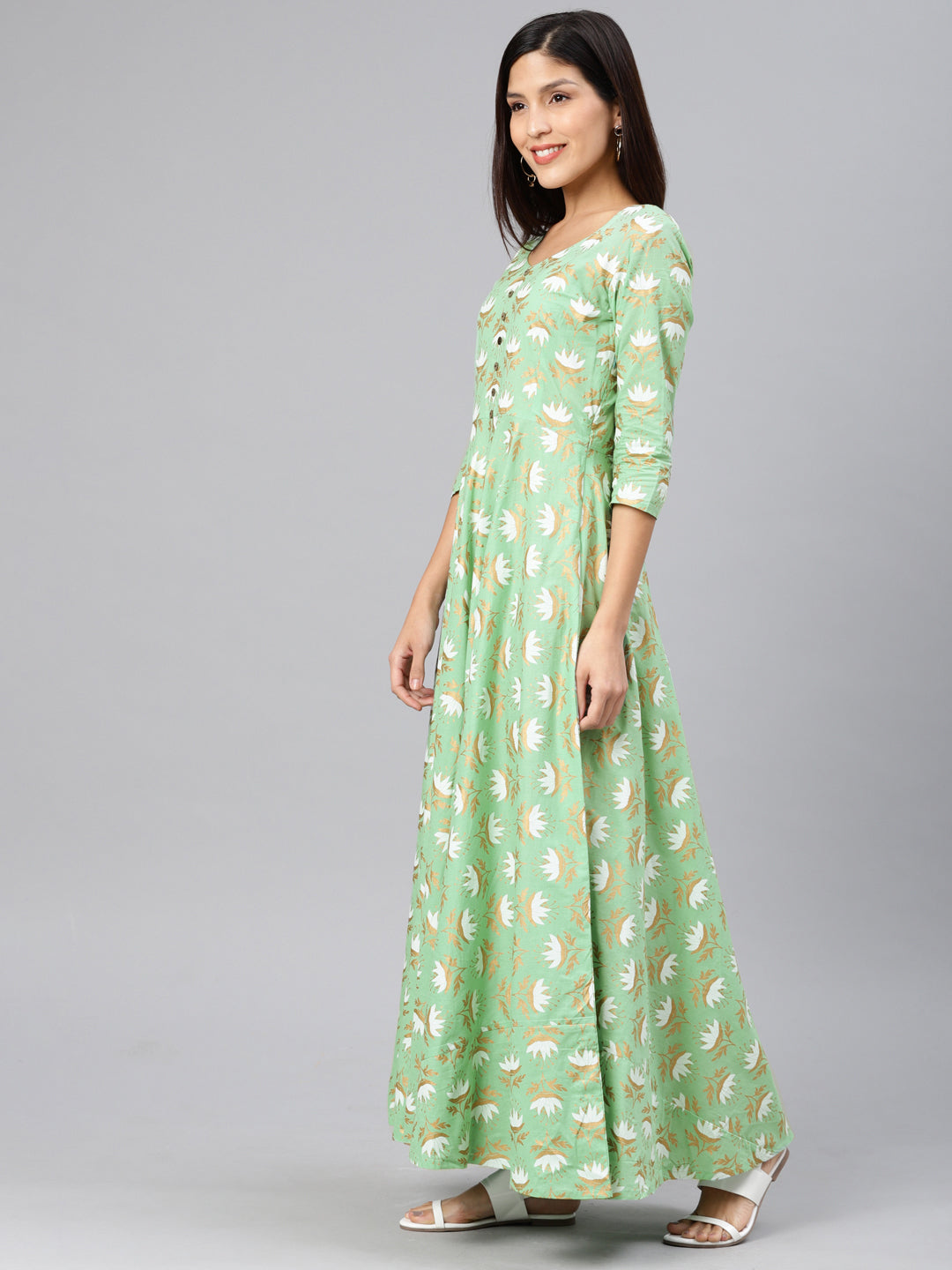 Green & Gold-Toned Printed Maxi Dress