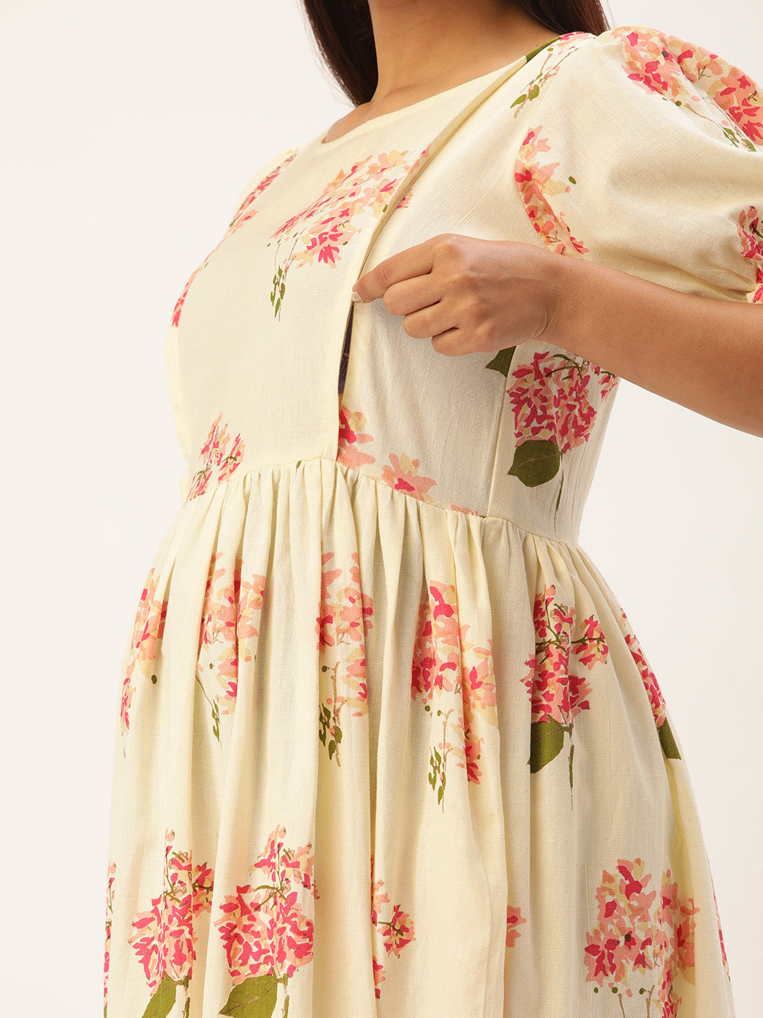 Off White Floral Print Puff Sleeve Maternity Dress