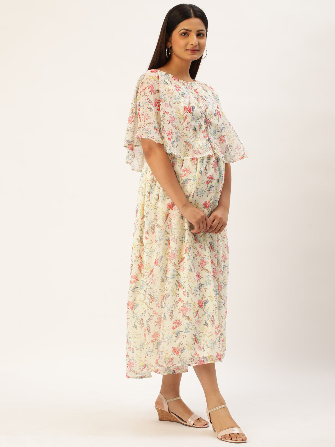Off White Floral Print Cape Sleeve Georgette Maternity Maxi Dress