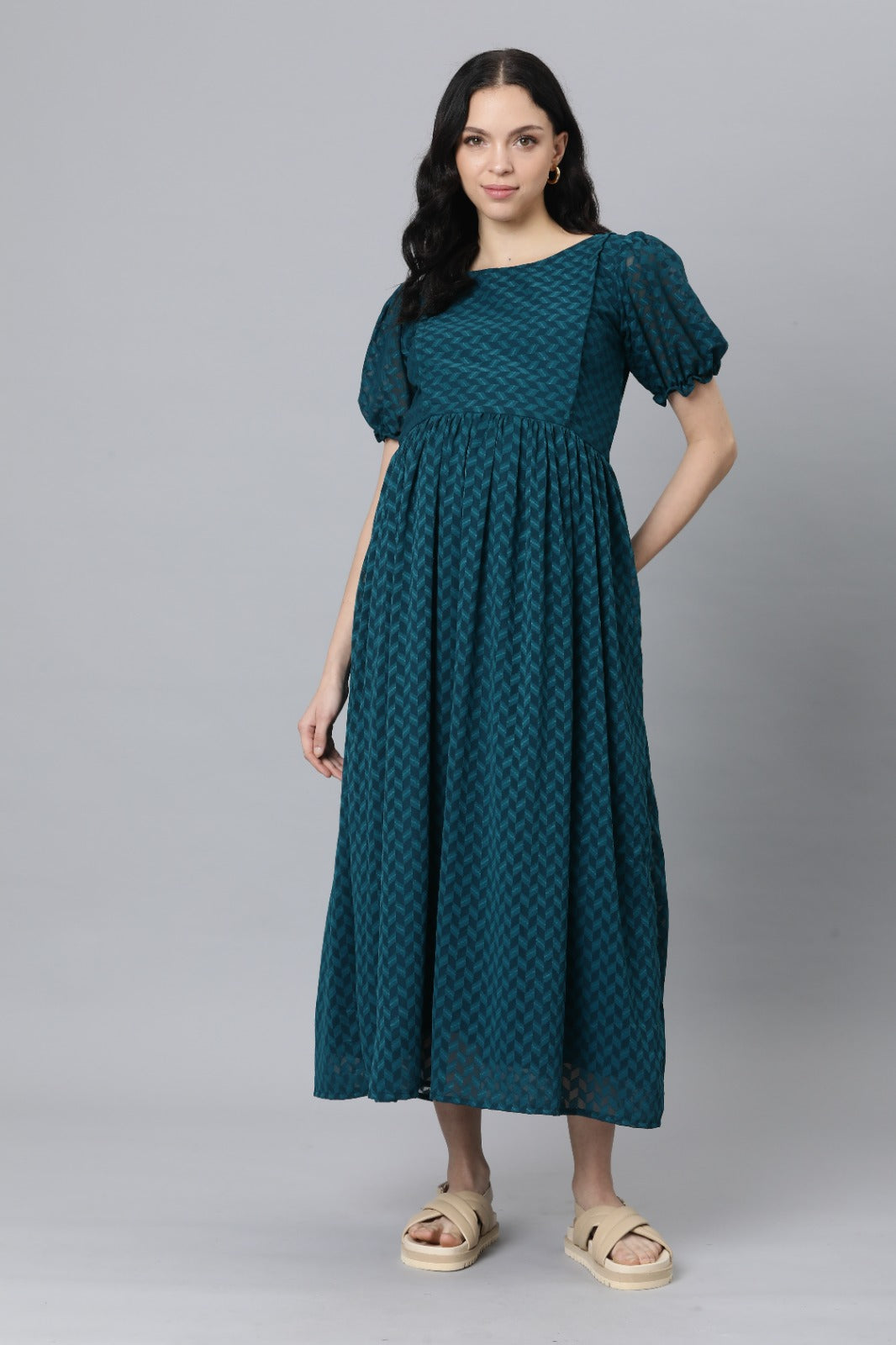 Teal Printed Puff Sleeve Georgette Maternity Maxi Dress