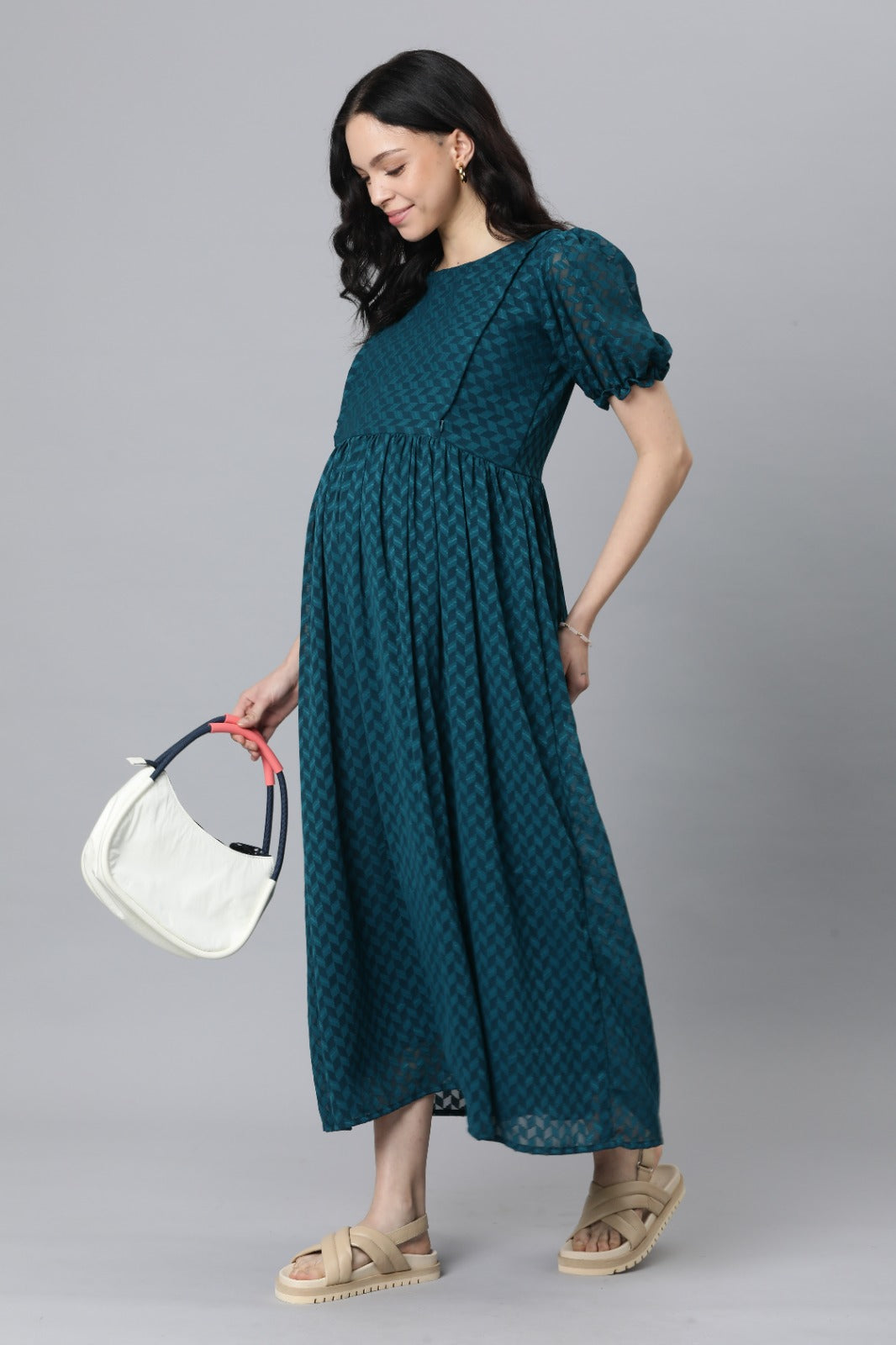 Teal Printed Puff Sleeve Georgette Maternity Maxi Dress