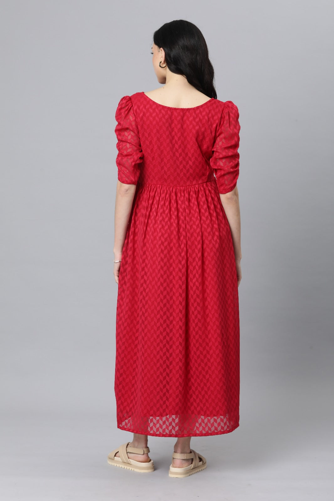 Red Printed Puff Sleeve Georgette Maternity  Maxi Dress